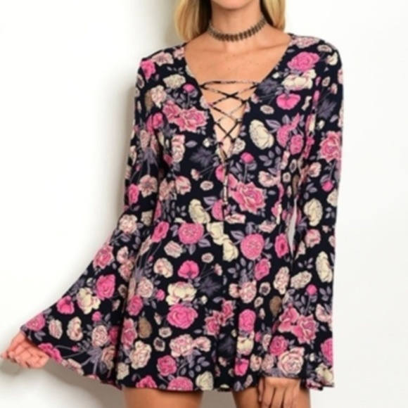 C.C. Boutique Pants - Long Bell Sleeve Floral Open Back Lace Up Romper